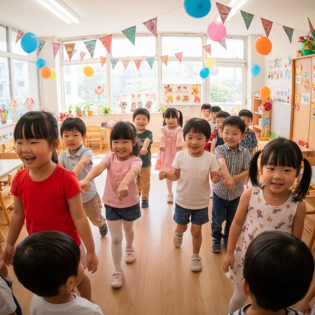 Happy children welcoming new students to preschool